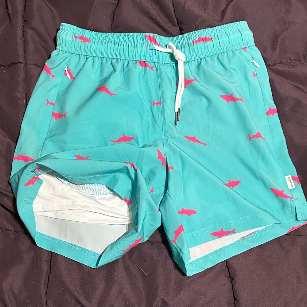 Men's Turquoise Shark-Print Athletic Swim Shorts